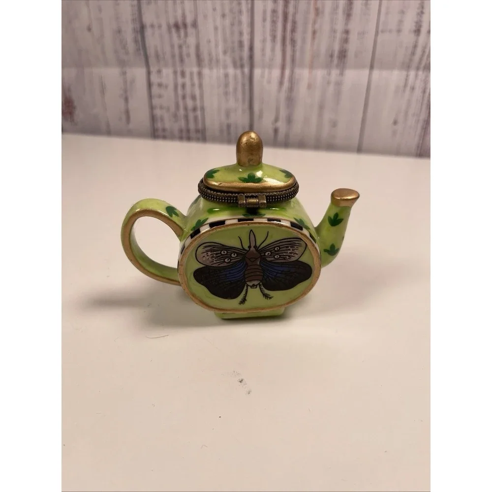 Friendship Teapot Trinket Box Green Hinged Lid Butterfly Ladybug 2008 3